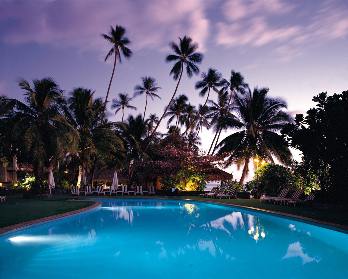 A resort pool under palm trees at dusk
