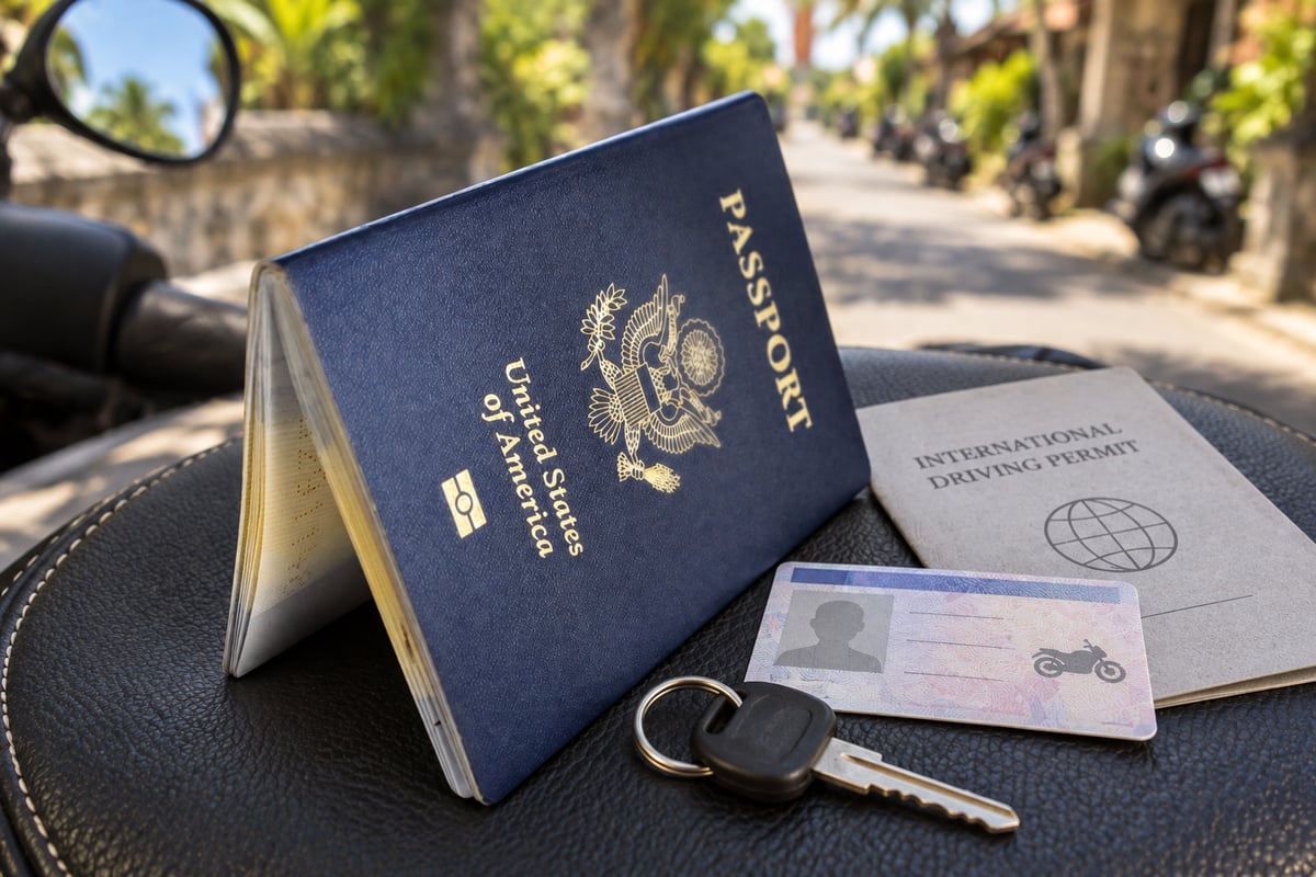 A driving licence and a passport lying together on the seat of a parked scooter