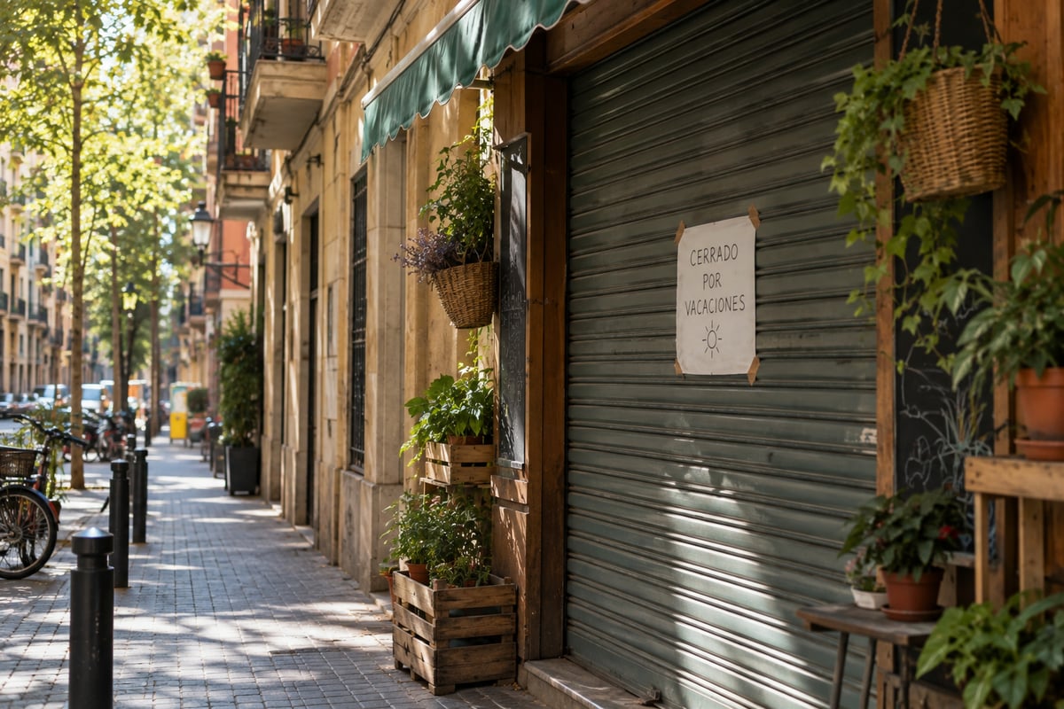 A small Barcelona shopfront with its shutter down and a handwritten closure sign