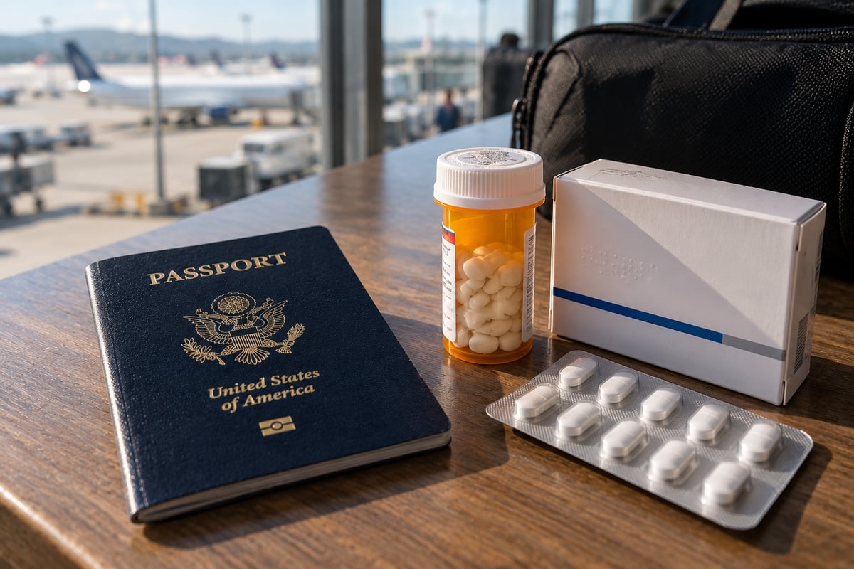 Prescription medication in original packaging next to a passport, ready for travel