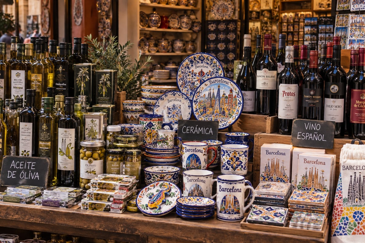 A selection of Spanish souvenirs including olive oil, ceramics, and wine