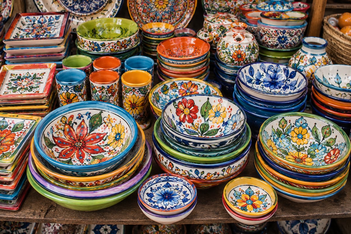Colorful Catalan ceramics displayed at a market or workshop