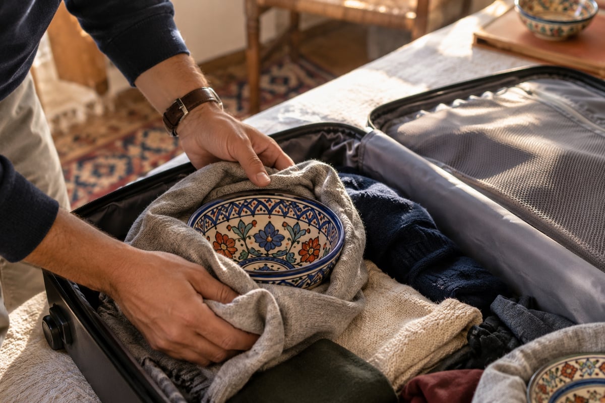 A carefully wrapped ceramic piece being packed into a suitcase
