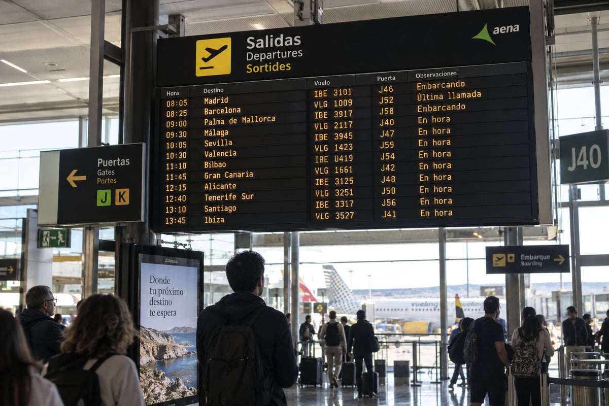 A domestic flight departure board at a Spanish airport