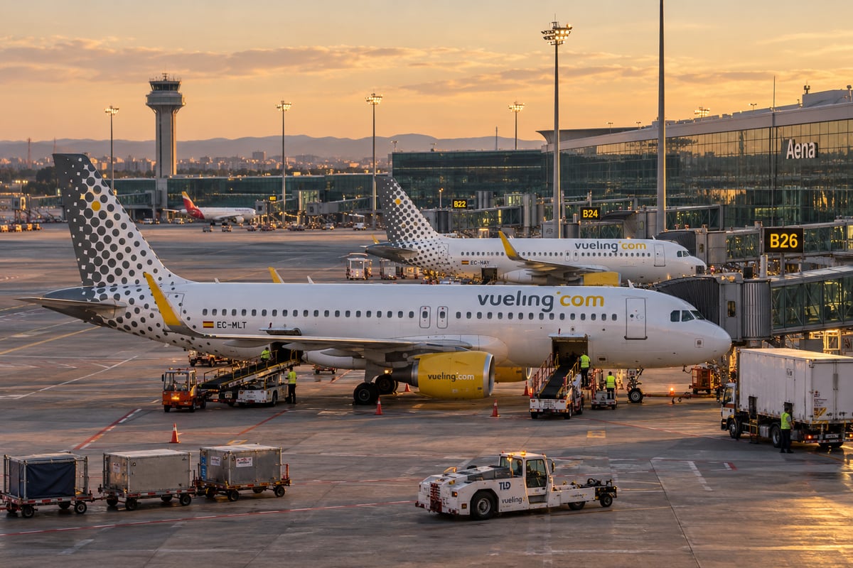 An Iberia or Vueling aircraft on the tarmac at a Spanish airport