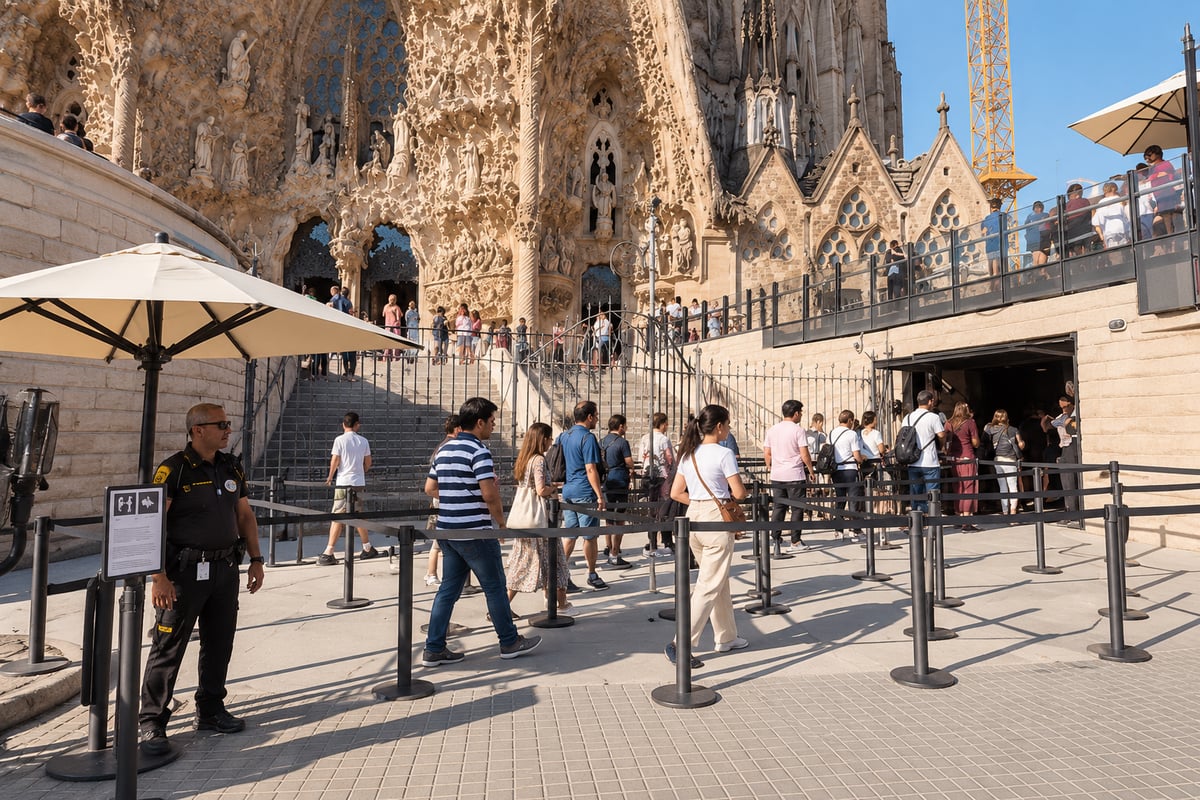 Visitors going through a security checkpoint outside Sagrada Familia