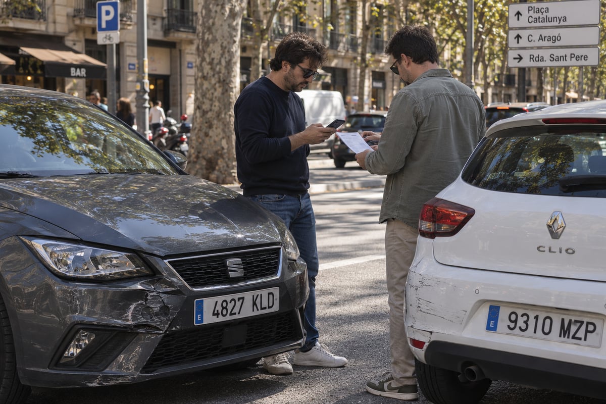 Two drivers exchanging insurance information after a minor car accident