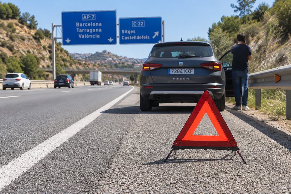 A warning triangle set out on a road shoulder after a vehicle incident
