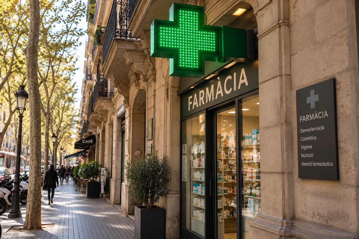 A Barcelona pharmacy storefront with the illuminated green cross sign