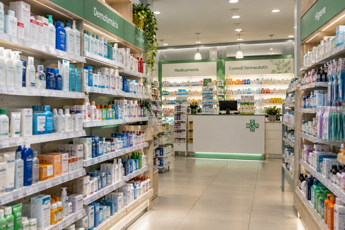 Pharmacy interior shelves in Barcelona