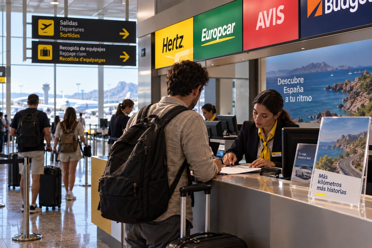 A car rental desk counter at a Spanish airport