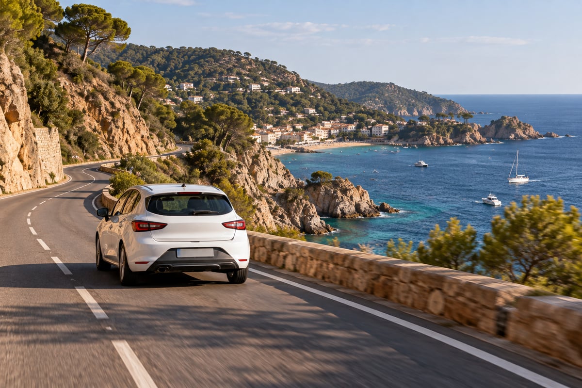 A rental car driving on a scenic Costa Brava coastal road