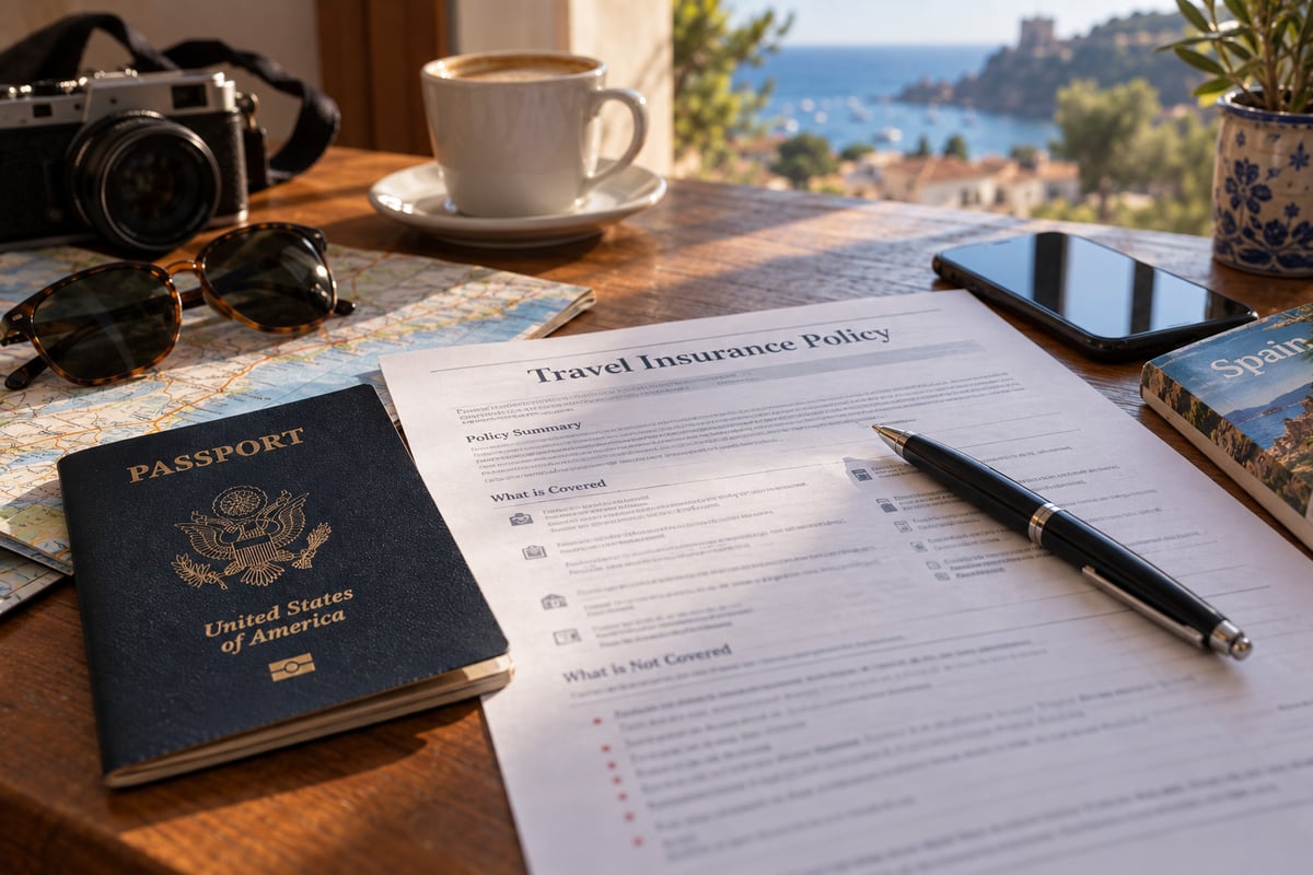 A travel insurance policy document with a pen, being reviewed before a trip