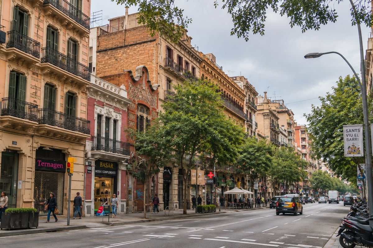 A quiet, residential Sants neighborhood street in Barcelona