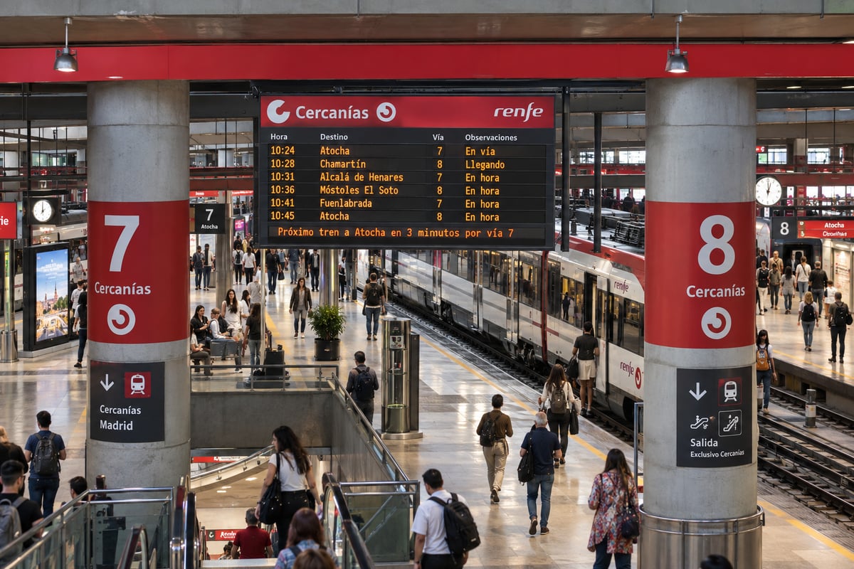 A Cercanías commuter train platform inside a major Spanish rail station