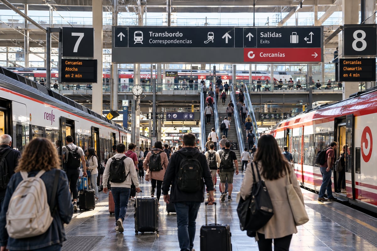 Passengers transferring between trains inside a large Spanish station