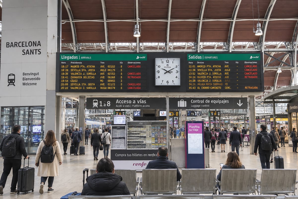 A Spanish train station departures board during a period of service disruption