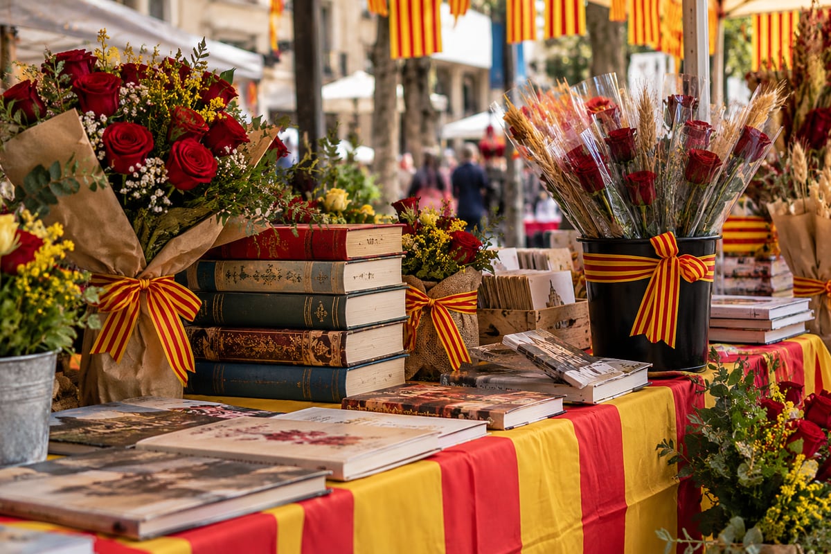 Sant Jordi book and rose stalls on a Barcelona street, businesses open as normal in the background