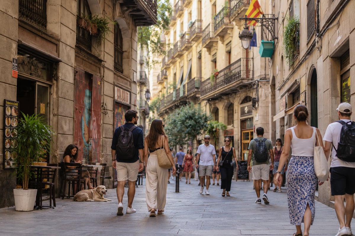Locals and visitors in smart-casual outfits walking a Barcelona street