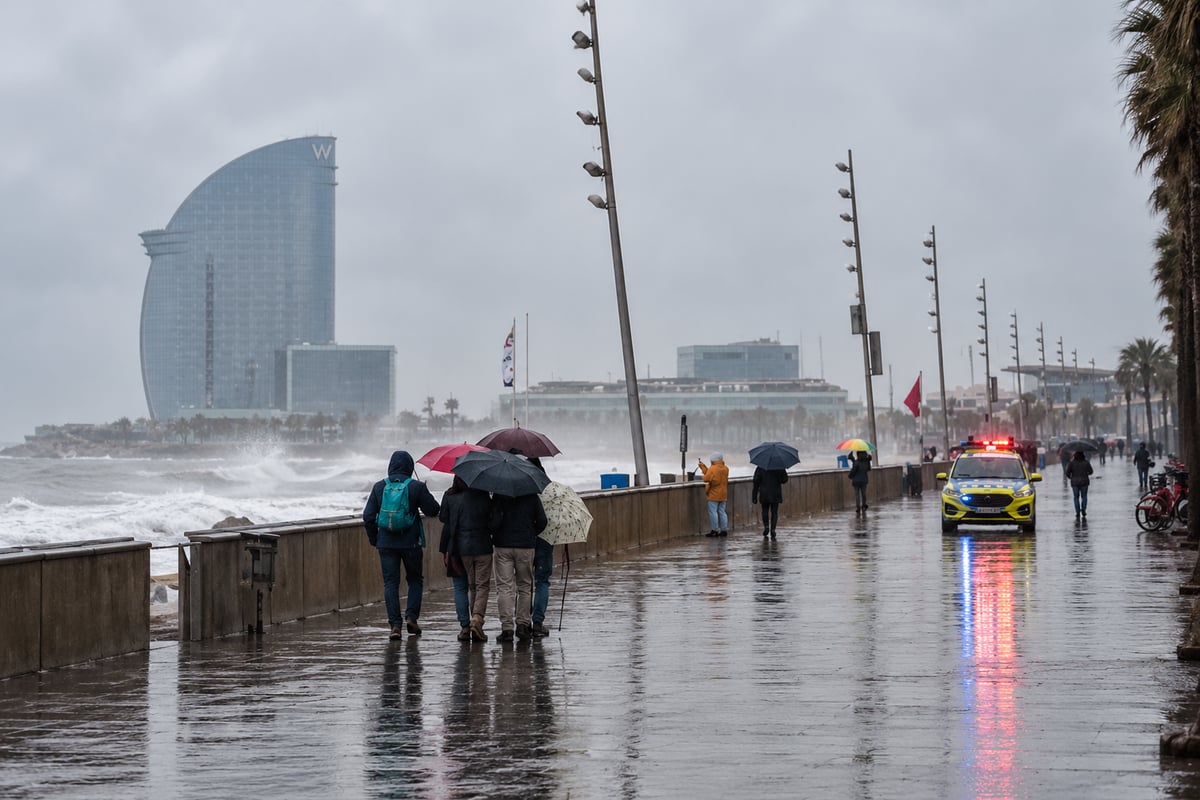 Rough seas near a Mediterranean port, the kind of weather that cancels a Balearic ferry crossing