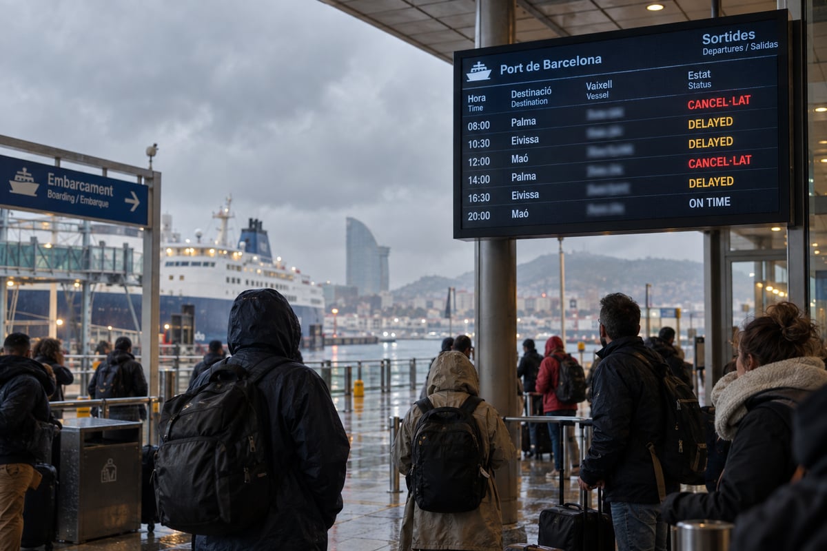A ferry terminal departures board showing a delayed or cancelled sailing