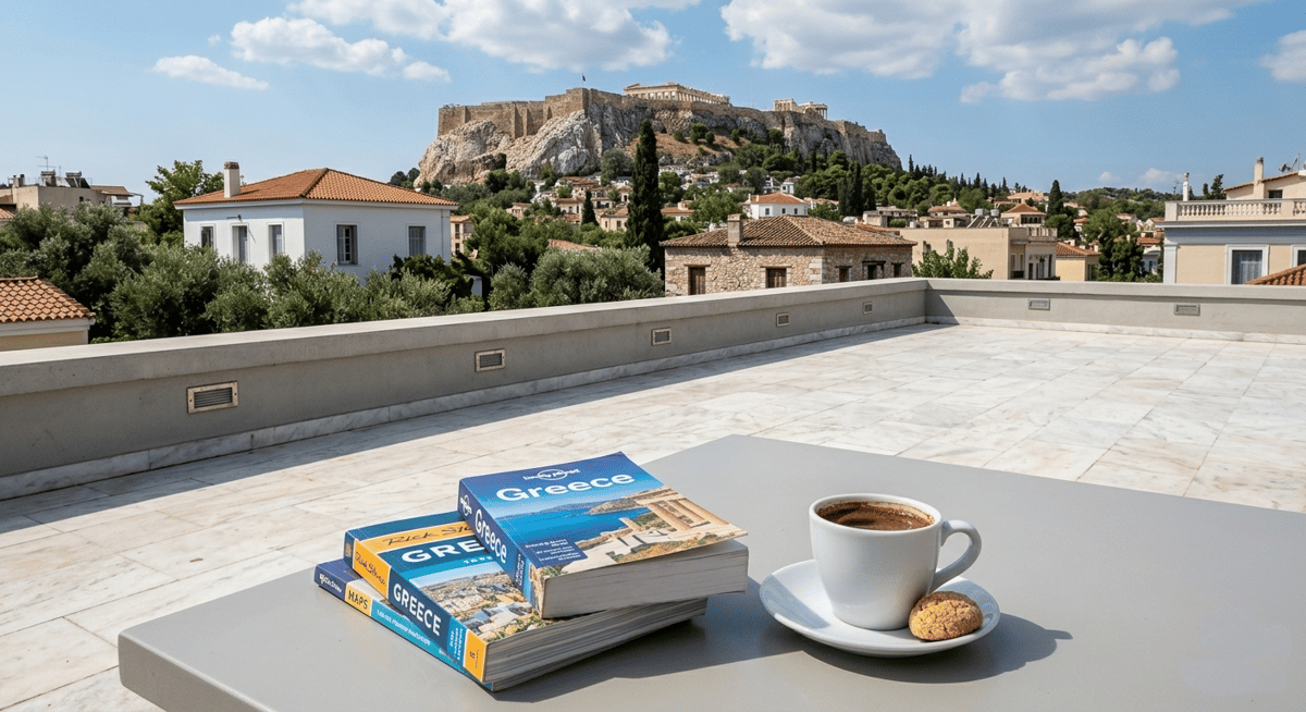 A relaxed first-day Athens scene — a café with an Acropolis view