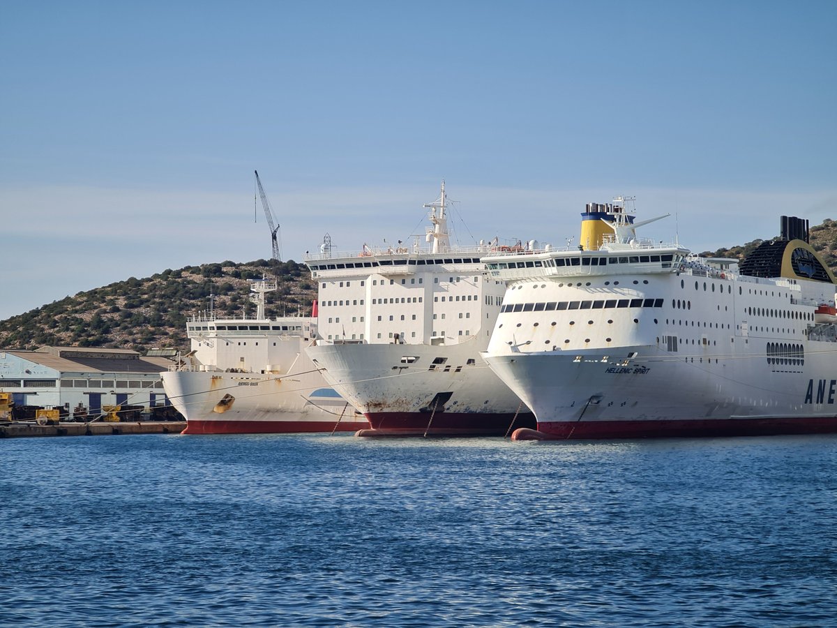 Ferries lined up at the busy port of Piraeus near Athens
