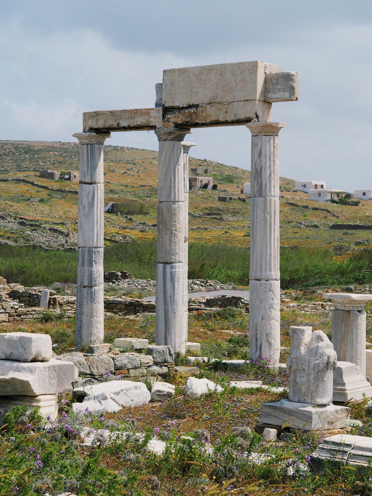 Ancient ruins on the island of Delos, marble columns and the Terrace of the Lions