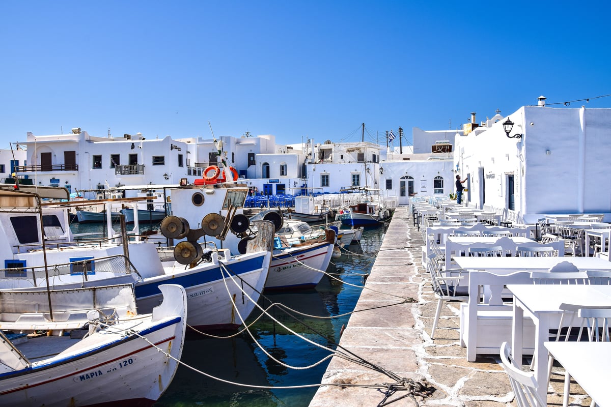 Naoussa's picturesque fishing harbor with boats and waterfront tavernas