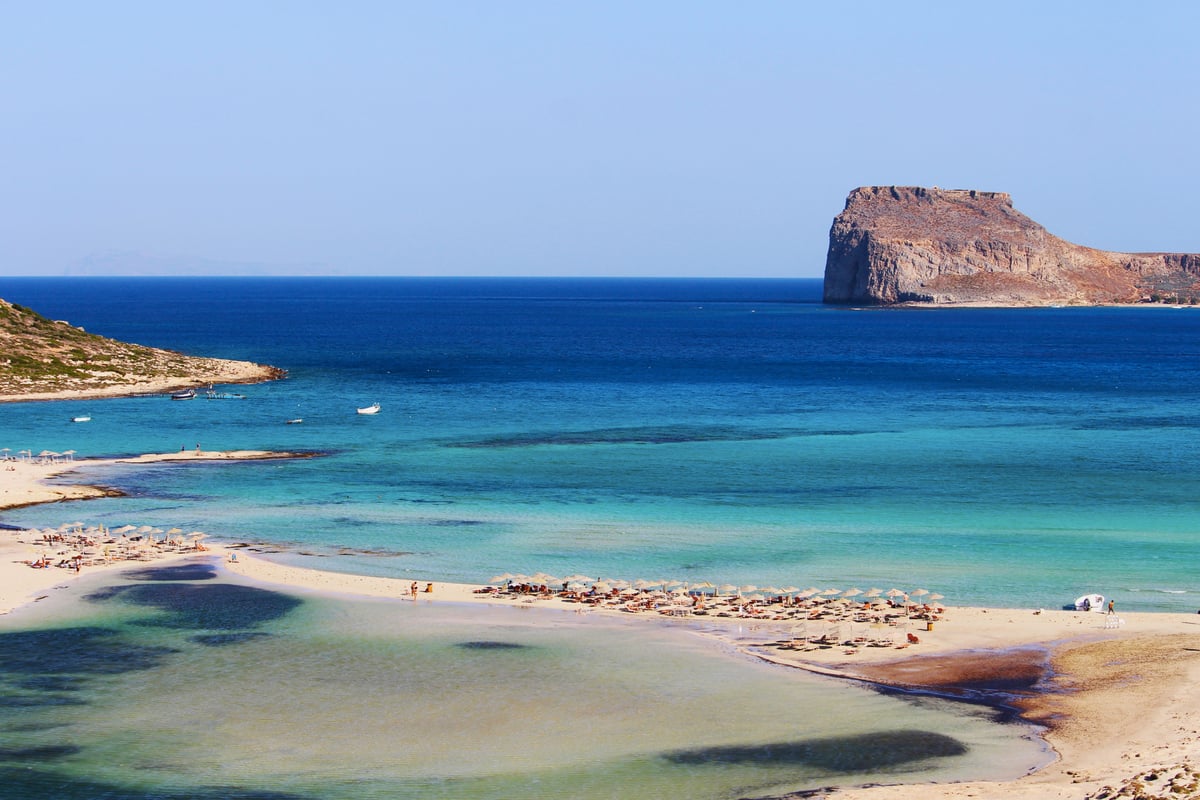 The turquoise lagoon and pale sand of Balos or Elafonisi from above
