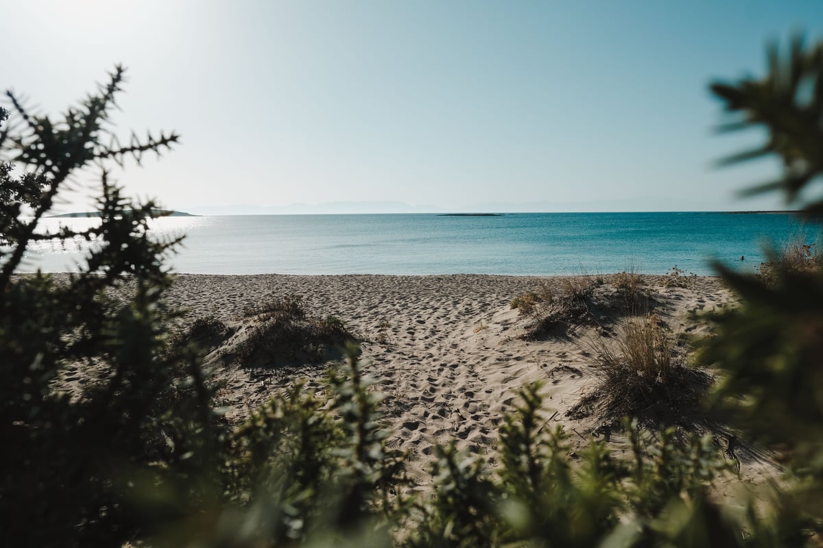 A calm, warm early-autumn beach with golden light and few people