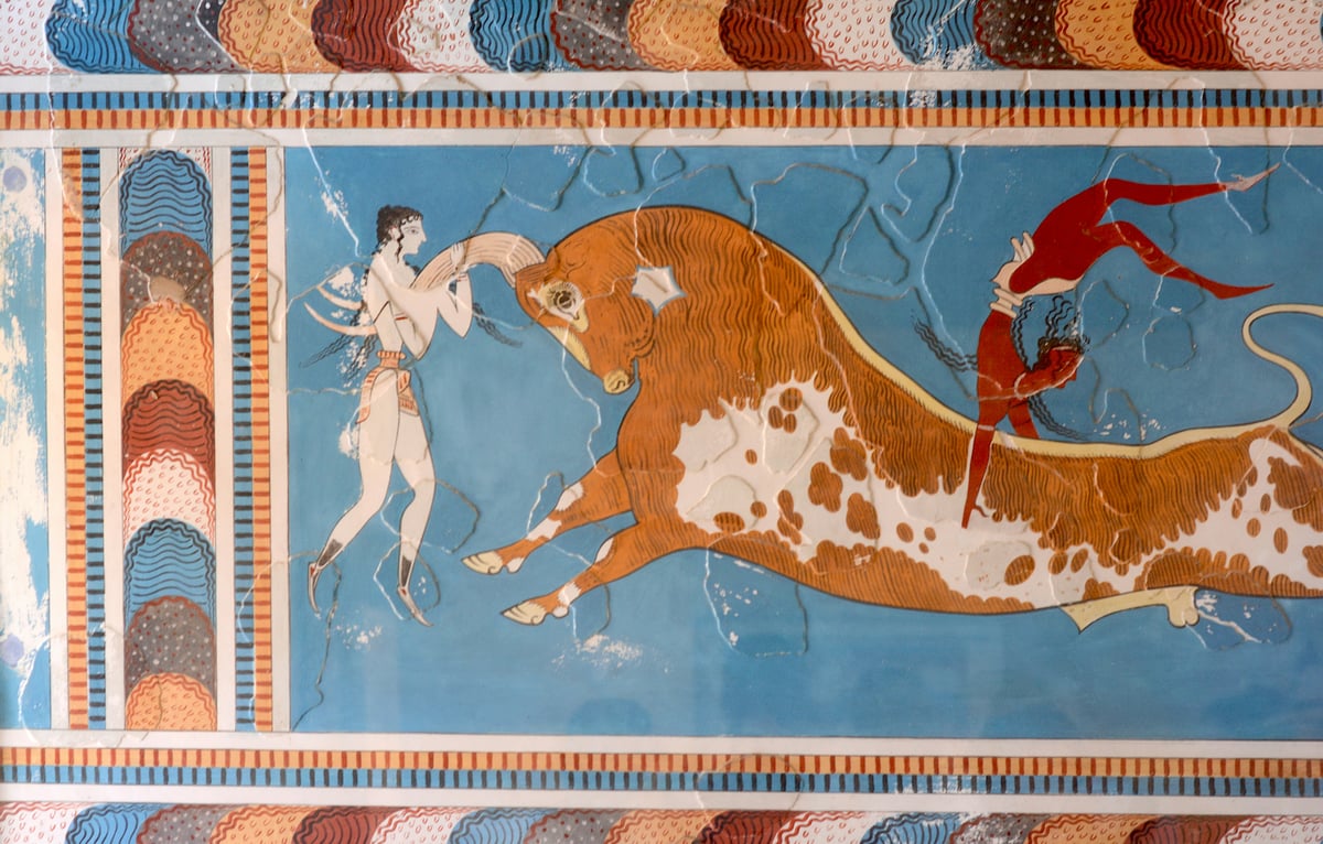 A Minoan fresco (bull-leaping or dolphins) as displayed in the Heraklion museum