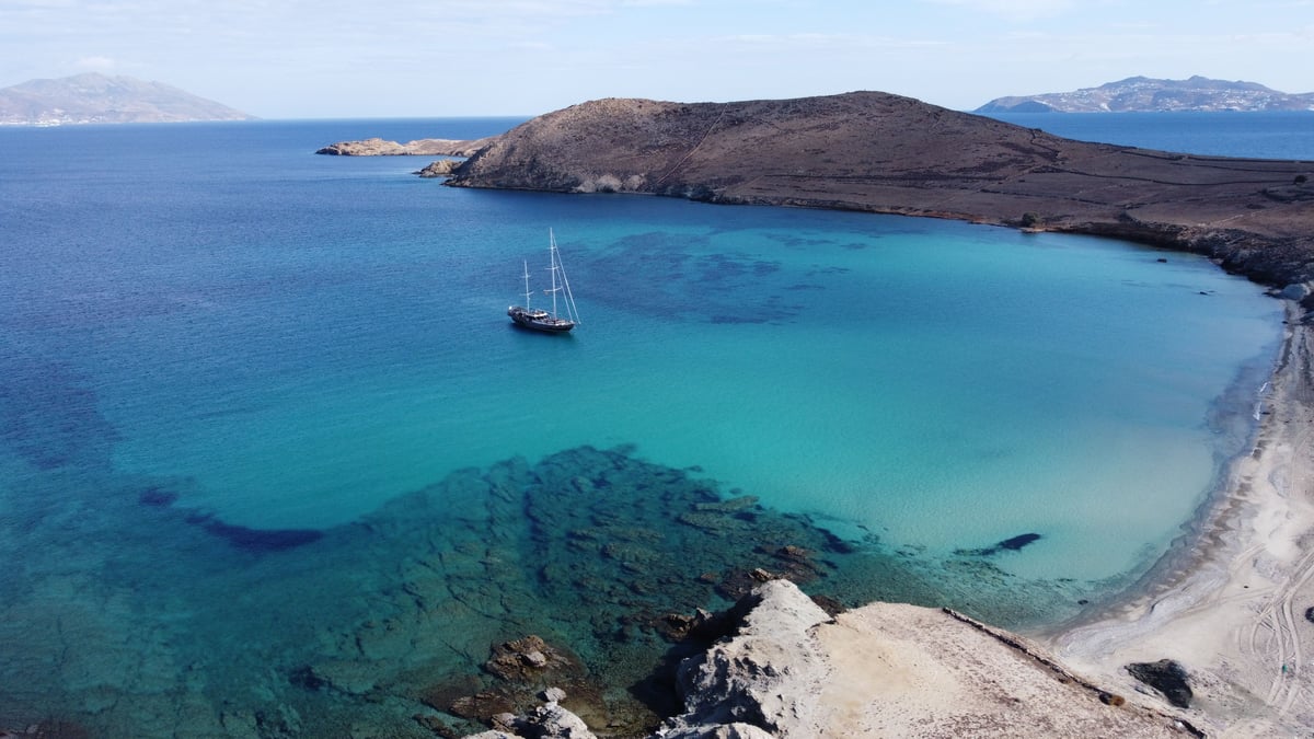 A south-coast Mykonos beach with turquoise water, sunbeds and umbrellas