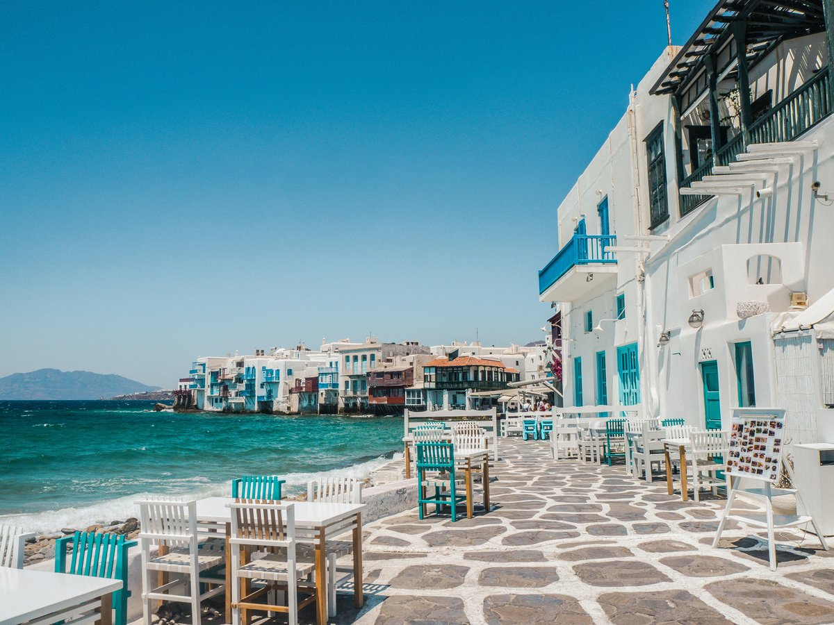 Little Venice in Mykonos Town, waterfront buildings at the water's edge
