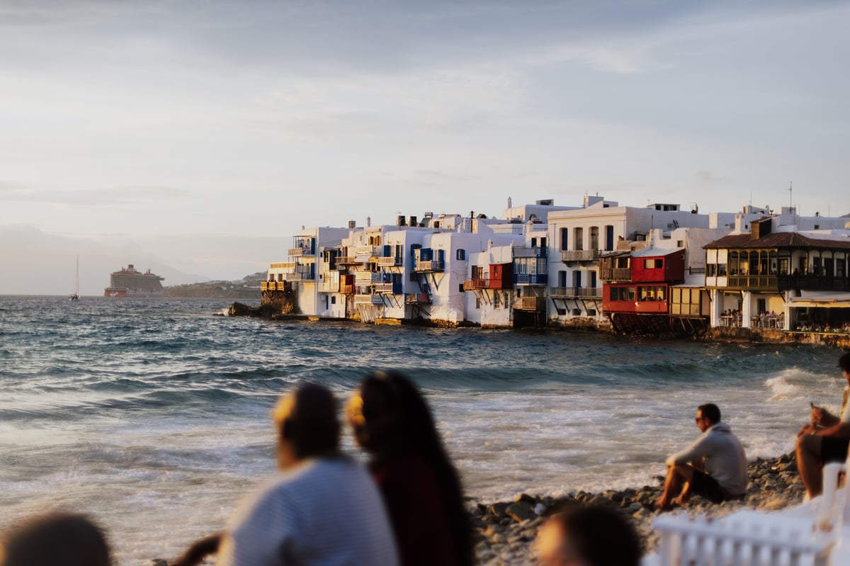 Little Venice Mykonos at sunset, waterfront bars and golden light