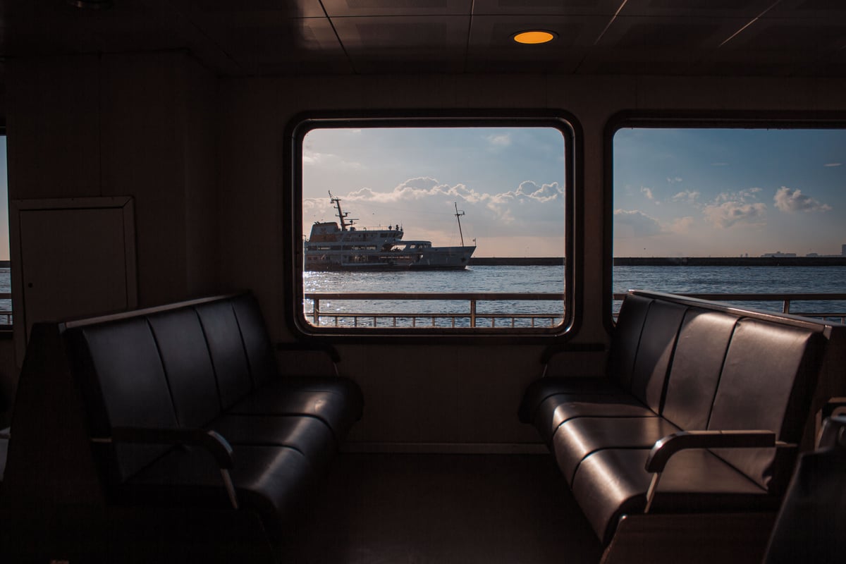 The interior or deck of a modern high-speed Greek ferry