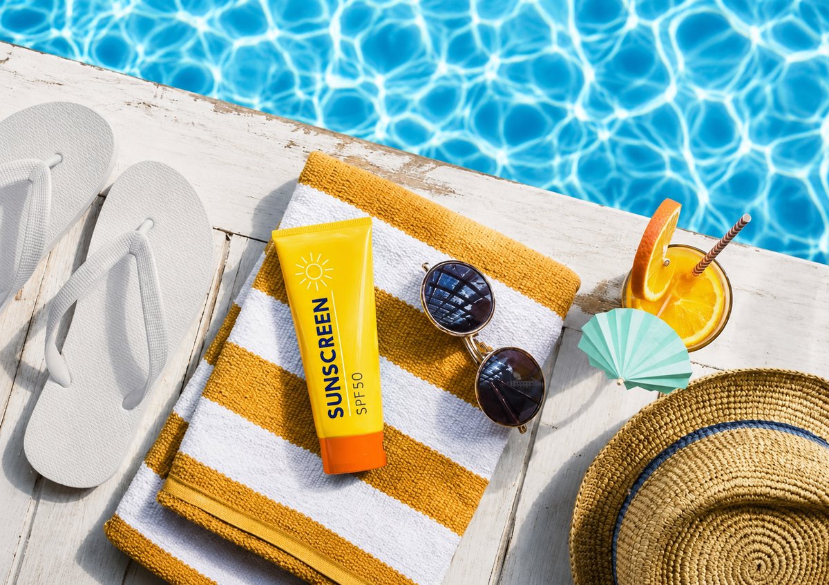 Sun hat, sunglasses, sunscreen, and beach essentials on a sunny surface