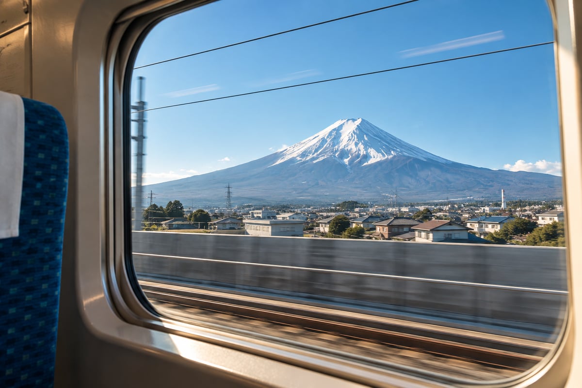 View of Mt Fuji through a Shinkansen train window in motion