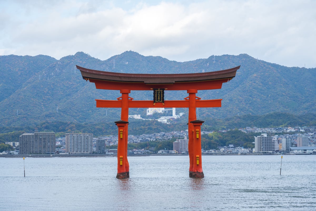The floating torii gate of Itsukushima Shrine at Miyajima at high tide