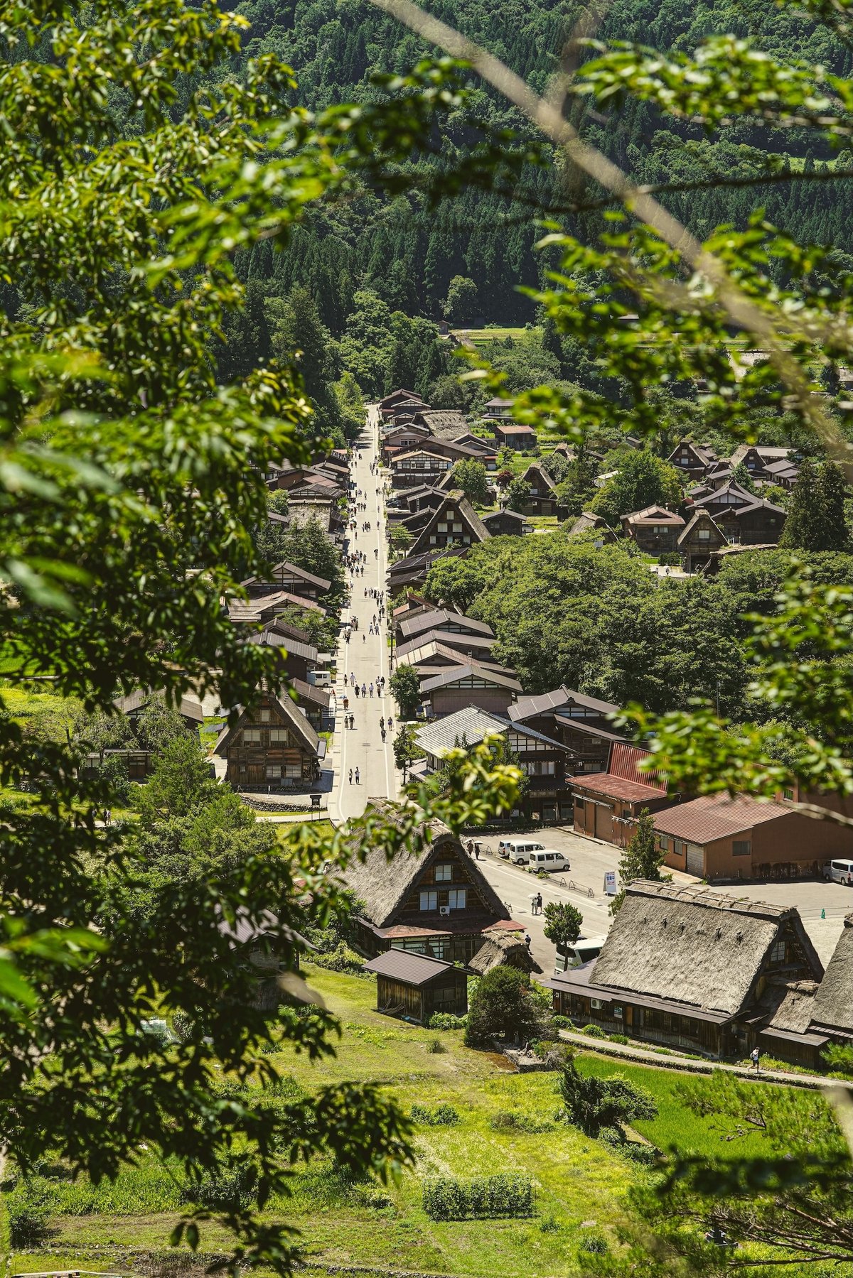 Aerial view of the thatched-roof farmhouses of Shirakawa-go surrounded by mountains