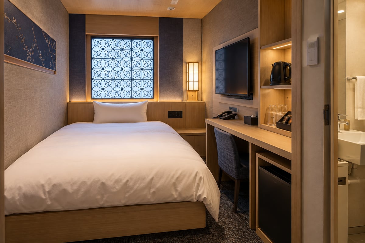 A compact Japanese business hotel room with space-saving built-in furniture