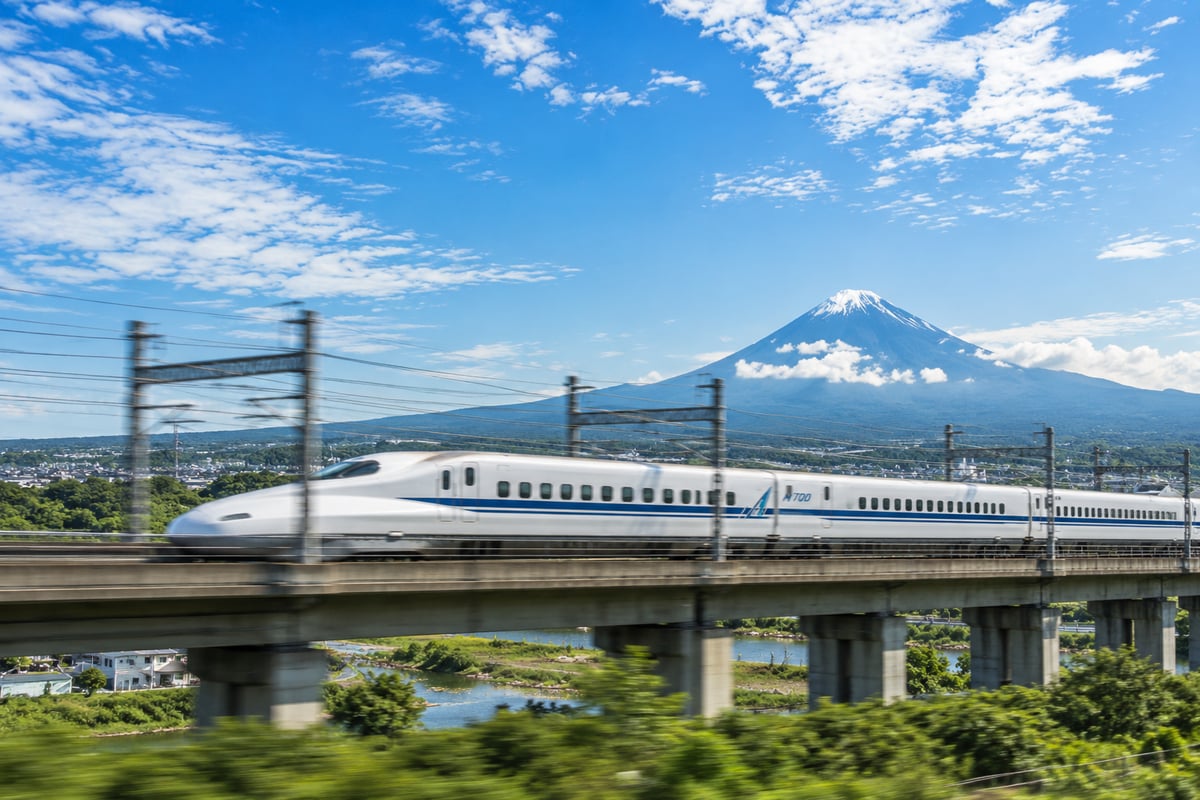 A Shinkansen bullet train speeding past Mt Fuji