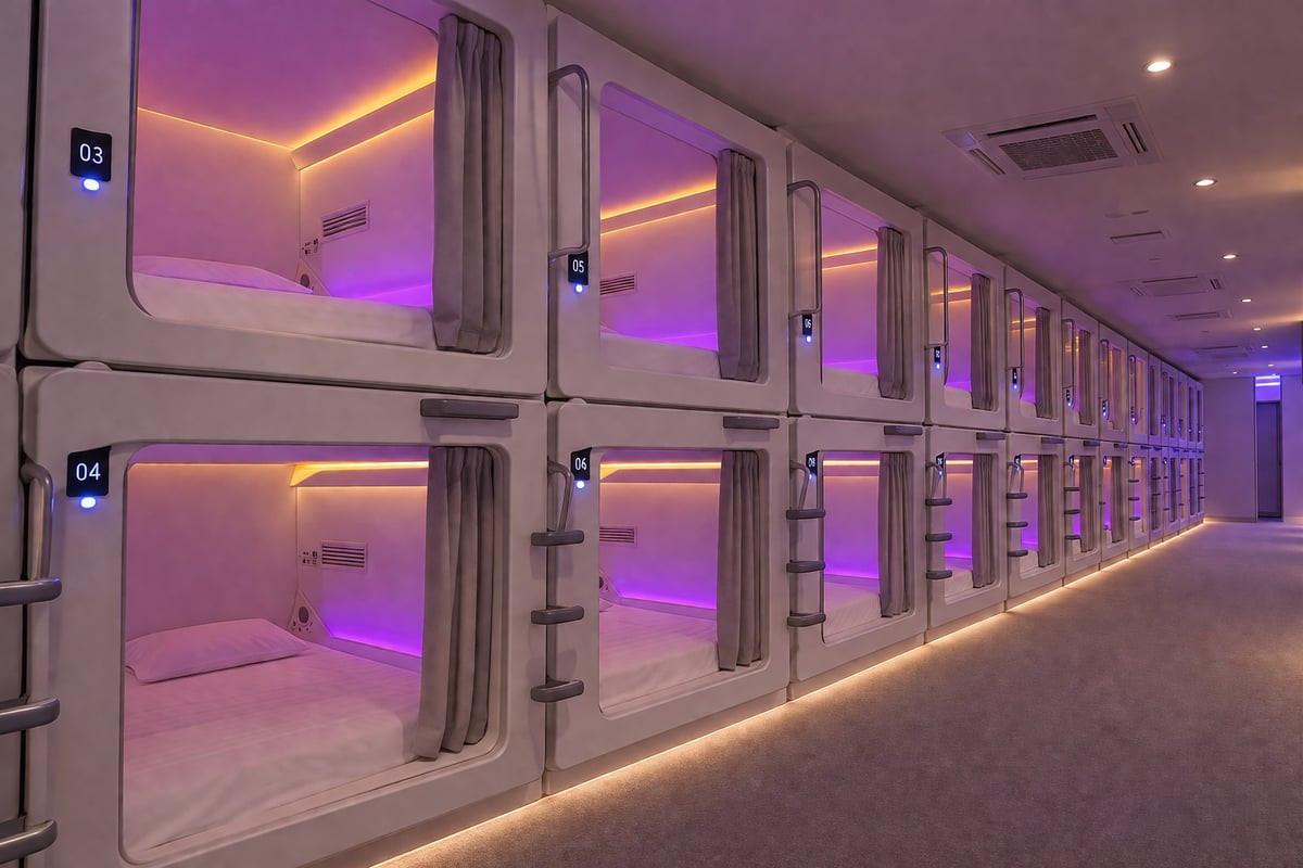 A row of modern Japanese capsule hotel pods with ambient lighting