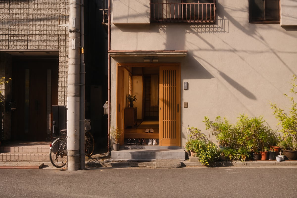 Shoes lined up at the entrance of a traditional Japanese home