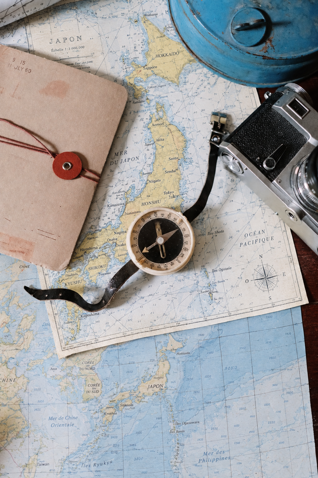 A travel notebook, compass, and vintage camera laid over nautical maps of Japan