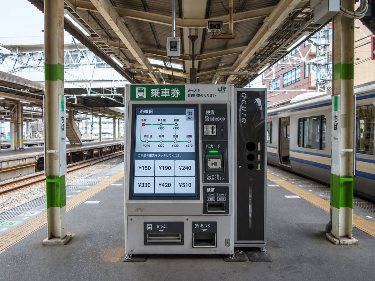 AI-generated ticket machine with a legible Japanese fare-chart display