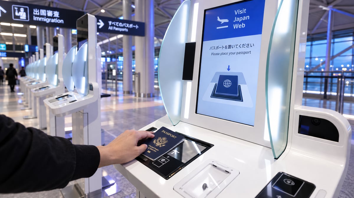 A hand placing a US passport at a Visit Japan Web immigration self-service kiosk