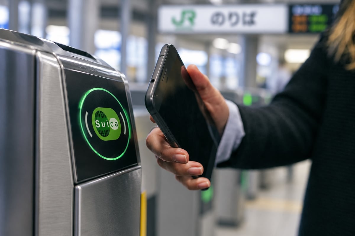 AI-generated Suica reader close-up with JR station signage behind