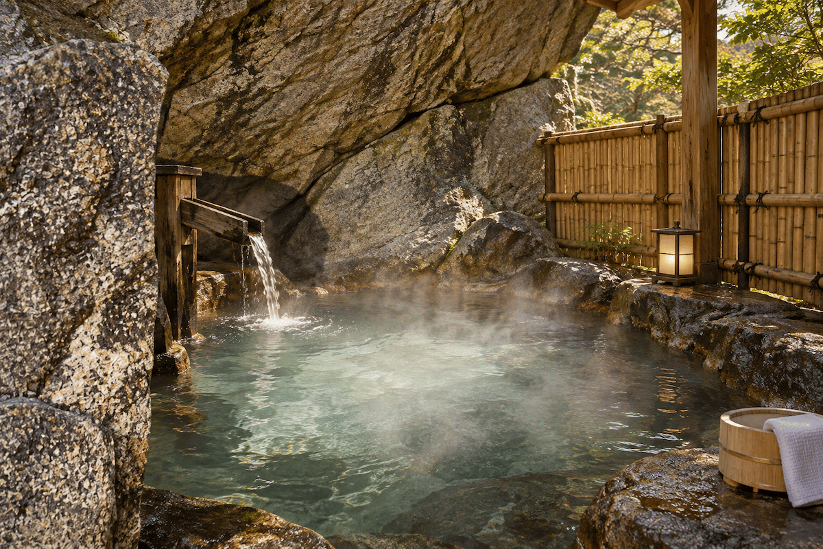 A traditional outdoor rotenburo hot spring bath surrounded by rocks, steam rising from the water