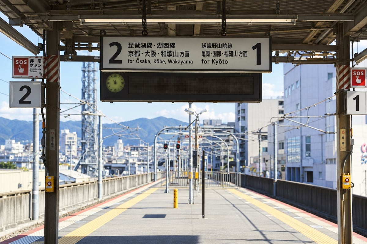 AI-generated close view of an empty JR platform with destination signage